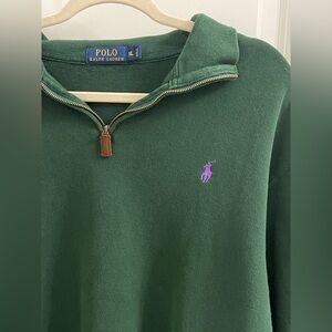 Ralph Lauren Green and Purple Zip Up Sweater with Leather Pull